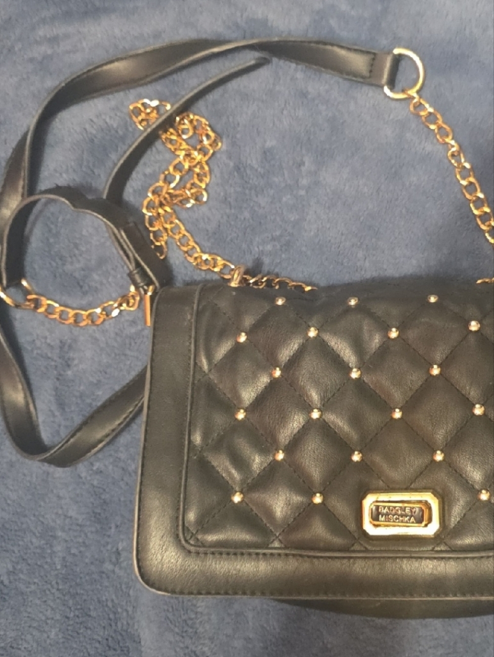 Badgley Mischka Black Quilted Crossbody with Gold Studs and Chain